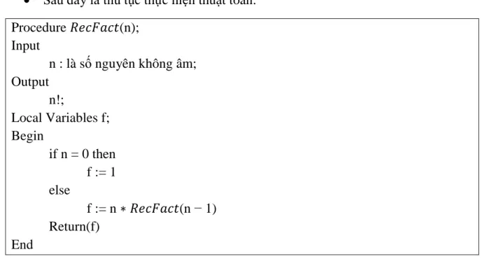 Hình 3.1 Thuật toán đệ quy tìm giai thừa của một số nguyên không âm 