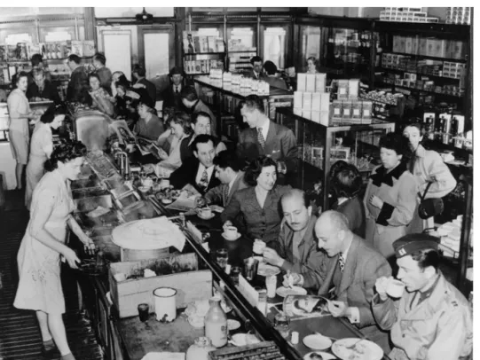 Figure 1.15 Dining at Schwab’s Drug Store soda fountain in Hollywood in 1945.