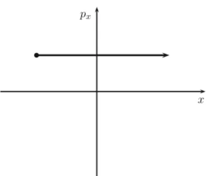 Fig. 1.10 The “trajectory” of a free particle (moving with constant momentum) through phase space: at t = 0 the particle begins, at a negative value of x, with a positive momentum which stays constant as the particle moves