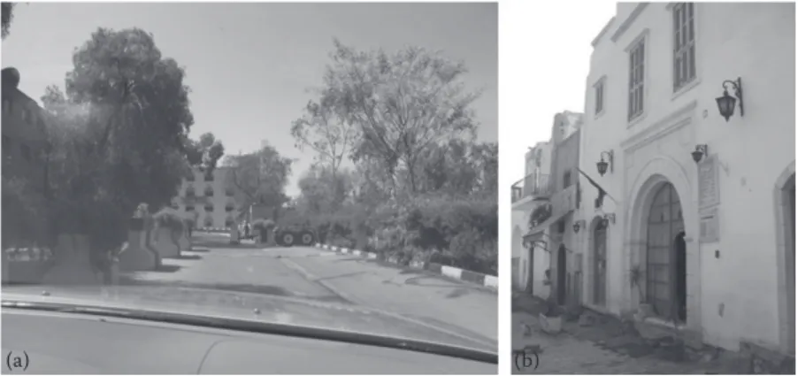 FIGURE 6.1  (a) Entrance to the old Sheraton Hotel in Sana’a, Yemen  (in 2011). The standoff from the main road and the screening shrubbery  made it far preferable to the more luxurious Mövenpick Hotel down  the road