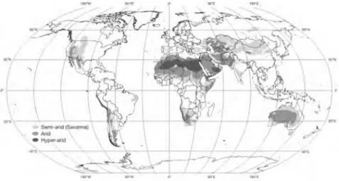 Figure 7.1 Global distribution of hyper-arid, arid and semi-arid (savannah) regions