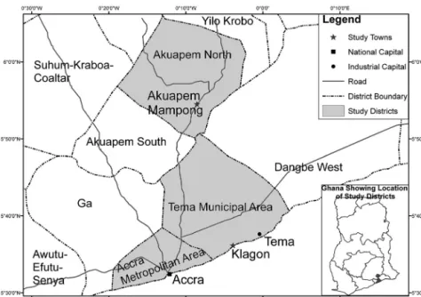 Figure 3.2 Map of the study districts and settlements in which farms are located.