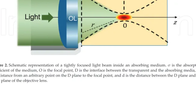 Figure 2. Schematic representation of a tightly focused light beam inside an absorbing medium