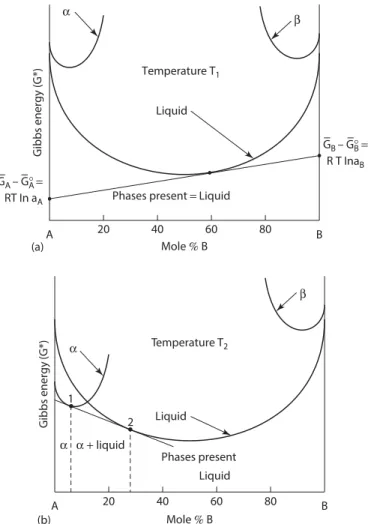 FIGURE 1.18 (a) Gibbs energy-composition diagram constructed from the phase diagram in Figure 1.16 at T 1 