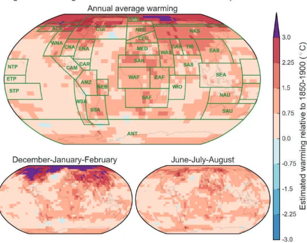 Figure 1.3 |  Spatial and seasonal pattern of present-day warming: Regional warming for the 2006–2015 decade relative to 1850–1900 for the annual mean (top),  the average of December, January, and February (bottom left) and for June, July, and August (bott