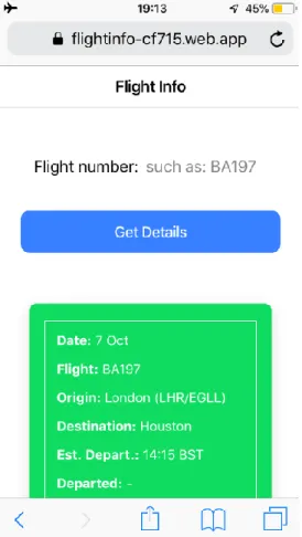 Figure 3-b: The Finished Flight Info PWA Running on an iPhone (Safari) in Offline Mode  Notice how the app has a similar look and feel on both platforms (Android and iOS), and how  certain UI features adjust automatically to the host system, such as the ap