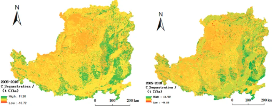 Figure 3. Temporal and spatial patterns of carbon storage in Loess Plateau from 2000 to 2010.