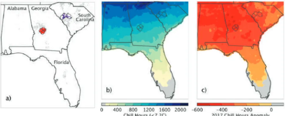 Figure 1. (a) The southeastern US study area. 4-km cells with >0.01% peach density are highlighted in grey