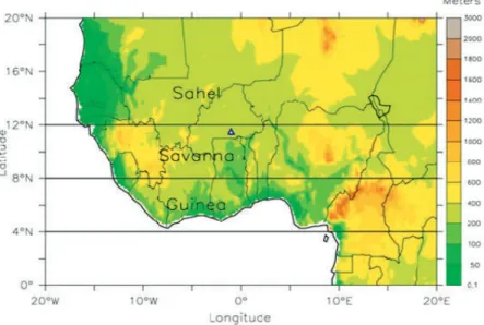 Figure 1. West African topography and the three Food and Agriculture Organizations (FAO)- (FAO)-Agro-ecological zones (AEZs): the Guinea, Savanna, and Sahel zones [25,34].