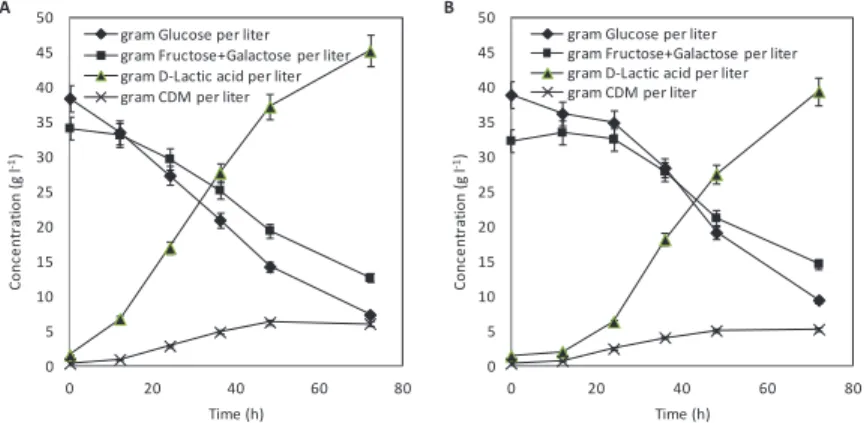 Figure 5. Growth, sugar consumption and D-LA production from OPW hydrolysate in bioreactor and batch mode