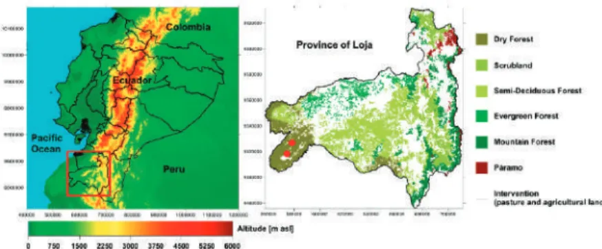 Figure 1. Digital Elevation Model (DEM) of continental Ecuador (left) and natural ecosystems of the province of Loja (right)