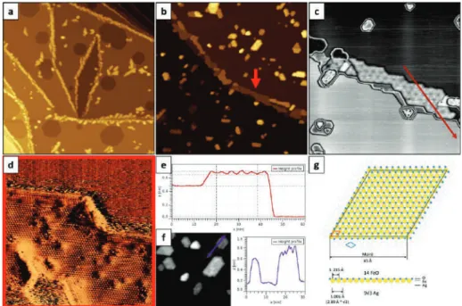 Figure 1. Large-scale topographic scanning tunneling microscopy (STM) images (300 × 300 nm 2 ) of 0.5 ML Fe deposited onto Ag(111) substrate kept at room temperature (a) and subsequently oxidized in 1 × 10 −6 mbar O 2 at 700 K (b)