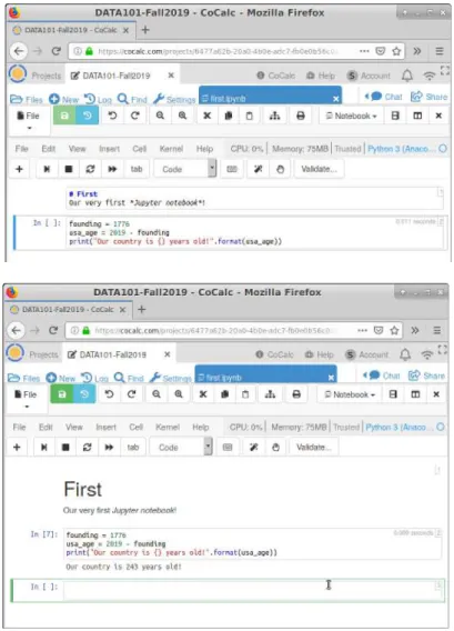 Figure 2.1: A Jupyter Notebook with one Markdown cell and one Code cell. In the top image, the two cells have been edited but not yet “run” – hence the Markdown formatting is unrendered and the code has not been executed