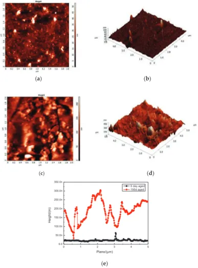 Figure 9. AFM of polyurea coating (a) 2D topographic image of PCB; (b) 3D topographic image of PCB; (c) 2D topographic image of PCA; (d) 3D topographic image of PCA; and (e) the height of surface before and after 150 d aging.