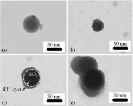 Figure 7. TEM images of n-SiO 2  (a) and g-SiO 2  (b–d) particles with various molecular weight of iPP
