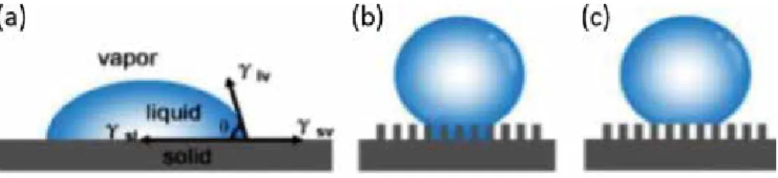 Figure 2. Schematic representation of wetting behavior of water droplet on solid absorbent (a) Young’s model, (b) Wenzel model, (c) Cassie model
