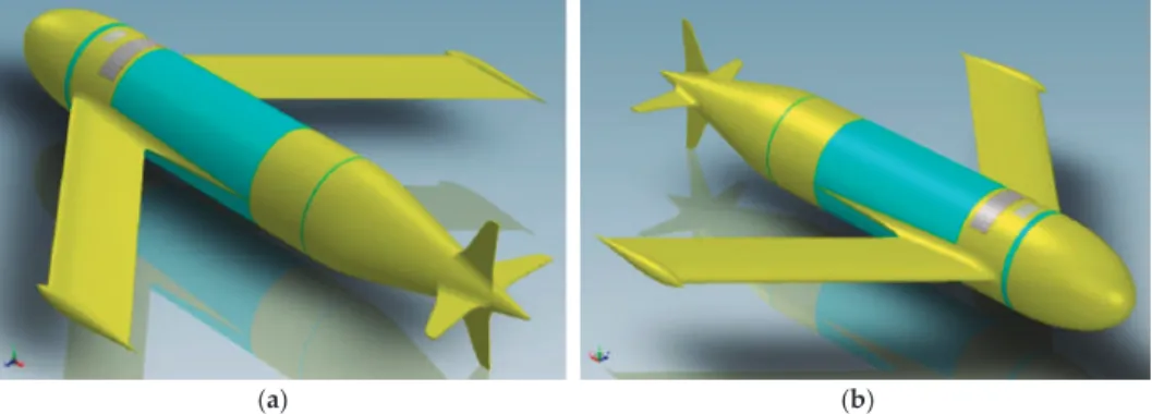 Figure 1. Perspective view of the Underwater Glider Mk. III. (a) Rear/port; (b) front/starboard.