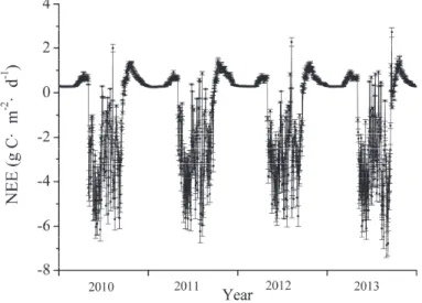 Figure 6. Eddy covariance measurements of NEE in the L. principis-rupprechtii forest. Data are daily mean NEE during 2010–2013