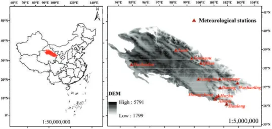 Figure 1. Study area and locations of meteorological stations used in the study in the Qilian Mountains.
