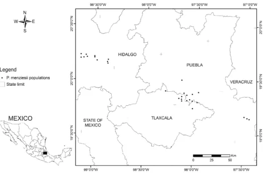 Figure 1. Geographical location of Pseudotsuga menziesii (Mirb.) Franco populations in central Mexico.