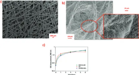 Figure 1. (a) FESEM images representing the bare carbon-based material (CP); (b) FESEM images representing the ordered distribution of CP/polyethylene oxide nanoﬁbers (PEO-NFs) onto the carbon-based material