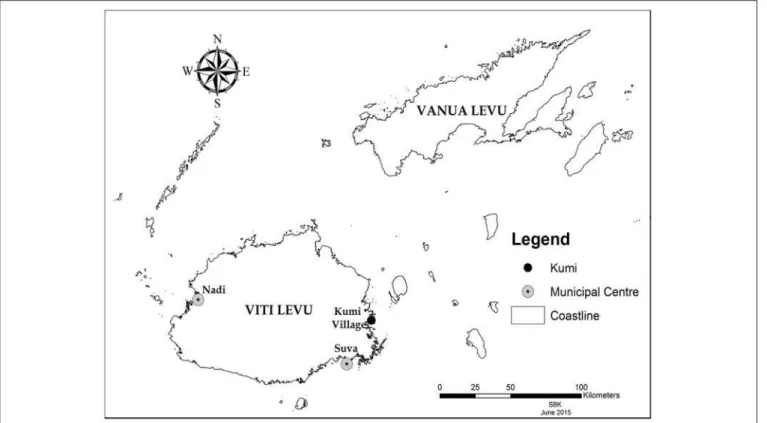FIGURE 1 | Location of the case study site, Kumi village, on the eastern coast of Viti Levu Island.
