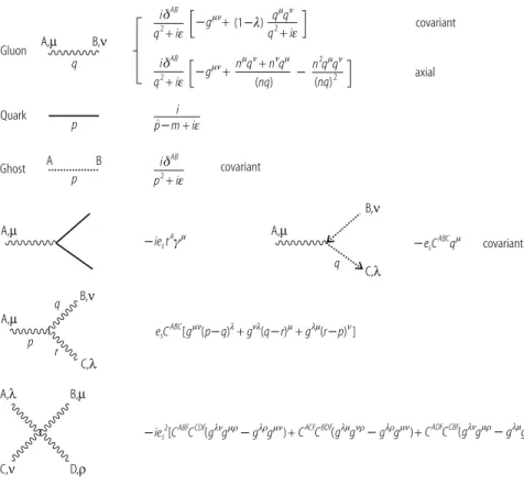 Fig. 4.1 Feynman rules for QCD. The solid lines represent the fermions, the curly lines the gluons, and the dotted lines represent the ghosts (see Chap