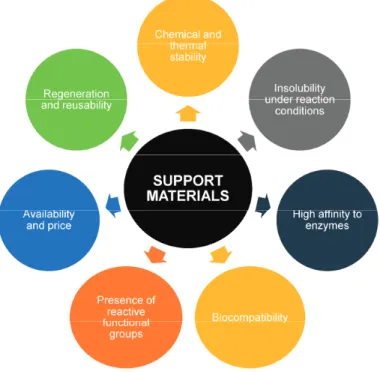 Figure 1. Main features of support materials used for enzyme immobilization.