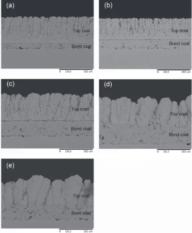 Figure 3. Cross-section SEM images of as-sprayed YSZ top coats (Samples E–I) deposited at a standoff distance of 100 mm, on BC with different surface treatments: (a) mirror polishing; (b) grinding; (c) grit blasting; (d) as-sprayed; and (e) as-sprayed roug