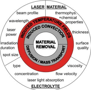 Fig. 4.19 Schematic illustration of the relevant parameters and the dominant induced factors in laser chemical machining
