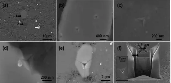Figure 13 presents SEM images showing examples of nanoindentation impressions (NI) for WSi 2  phase (13b), matrix (13c), WSi 2 /matrix interface (13d), and Ge rich phase (13e)