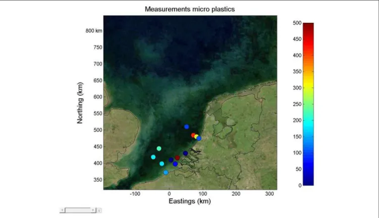 FIGURE 1 | Visual representation of amounts of microplastic particles found per location/kg dry weight sediment.