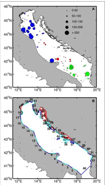 FIGURE 1 | (A) Abundances of anthropogenic marine debris (items km −2 ) observed in the Adriatic Sea during ship-based visual surveys in May 2013 (red), March 2015 (green), and November–December 2015 (blue)