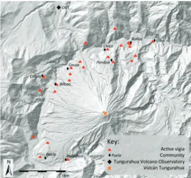 Figure 1.24 Map showing the location of  the vigías and significant communities  affected by volcanic hazards (adapted  from Stone et al., 2014)