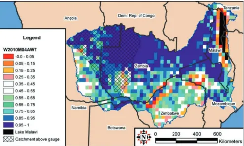 Fig. 9  Surface wetness Values for a section of the Zambezi River: April 2010, where 0.00–0.05  (red) means that less than 5% of the time is it this dry, 0.45–0.55 (white) is the expected normal  soil moisture, and 0.95–1.0 (purple) means less than 5% of t