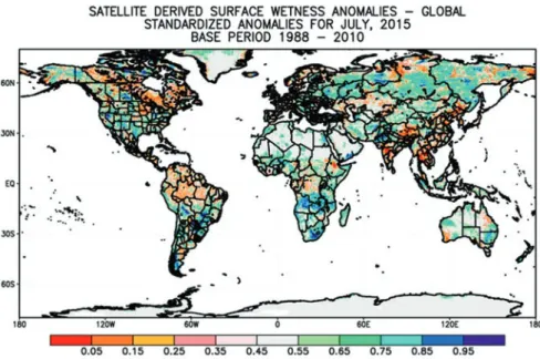 Fig. 1  Global surface wetness anomalies for July 2015. Note: The grey shade of the legend cor- cor-responds with the expected value, while values to the left (right) of the grey shade correspond with  increasingly drier (wetter) than average conditions