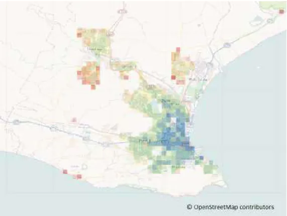 Figure 35.1: Accessibility of work places in Nelson Mandela Bay Municipality calculated by the grid-based MATSim accessibility computation