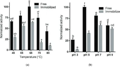 Figure 4. Mean relative activity of free and immobilized enzyme at different (a) temperature and (b) pH values using RNase B