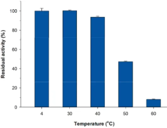 Figure 5. Thermostability of immobilized pXd-INV in PVA. Incubation conditions: 100 mM sodium acetate buffer (pH 5.0), 24 h.
