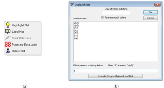 Figure 1.12: Command selection menu (a) and dialogue box (b) for entering simulation results on the schematic.