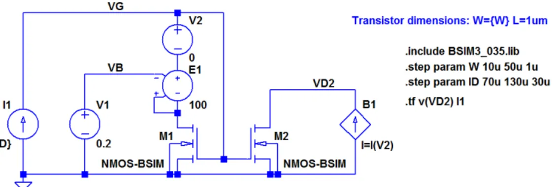 Figure 3.40: NMOS current mirror with voltage buffer for the drain voltage for simulating both g ds and g m .