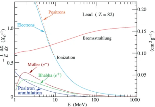 Fig. 3.1  Fractional energy loss per radiation length in lead for each of the interaction mechanisms  as a function of electron or positron energy
