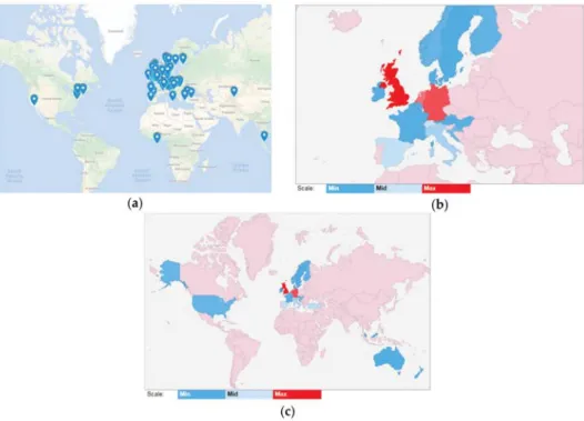 Figure 2. The geolocation data for Brunel publications found within CORE (a) Brunel publications by repository host locations (latitude and longitude coordinates); (b) Brunel publications by repository host locations in Europe (country code); (c) Brunel pu