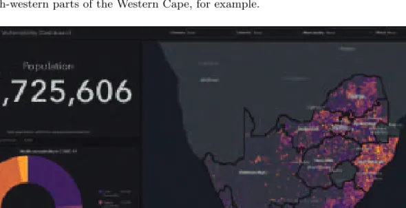 Figure 23.2 is a screen shot of the COVID-19 Health Susceptibility Dashboard. This shows a different pattern from those for vulnerability (Figure 23.1) and transmission potential, with lower risks in the Transkei (eastern part of the Eastern Cape) but high
