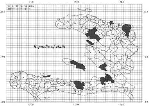 Fig. 6.1 Haiti. The grid of available information on monthly precipitation from CHIRPS showing the centroids (black dots) used for climate characterization of each municipality