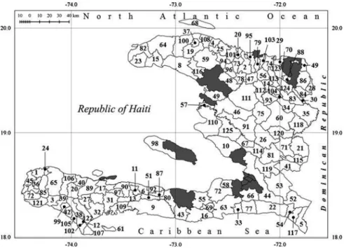 Fig. 6.5 Municipalities of Haiti: urban (grey) and rural (numbers)