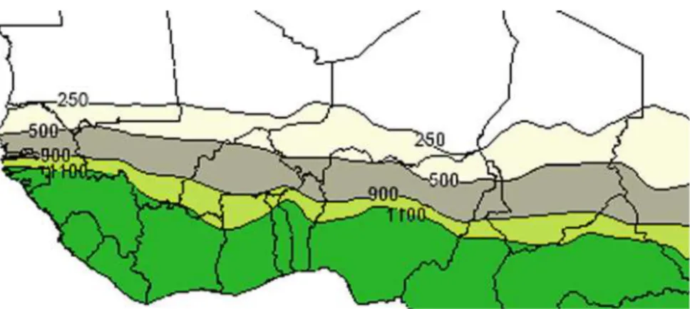 Fig. 8.1 Climatic zones in Western Sahel based on mean annual rainfall 1961 – 1990: Sahelian (250 – 500 mm), Soudanese-Sahelian (500 – 900 mm), Soudanese (900 – 1,100 mm), Guinean > 1,100 mm (SDRN-FAO)