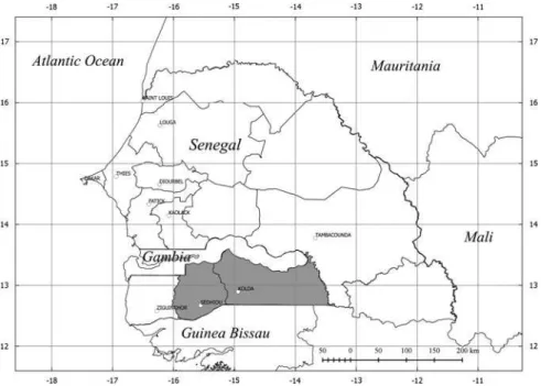 Fig. 4.1 Senegal. The Mid-Upper Casamance, the S é dhiou and Kolda regions (grey)