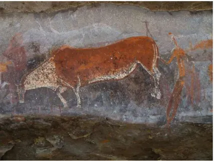 Figure 1.5  The spiritual connec- connec-tion between people and nature  features strongly in ancient rock  art made by Bushmen (also  known as San, or First People)  of Southern Africa, believed to  be the oldest human  popula-tion on Earth