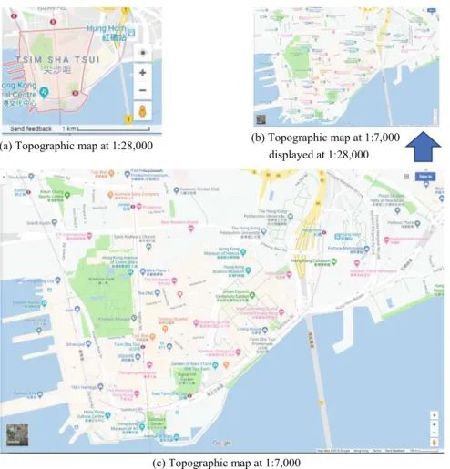 Fig. 8.19 Kowloon Peninsula represented on maps at two different scales, via generalization and simple scale reduction (extracted from Google Maps)